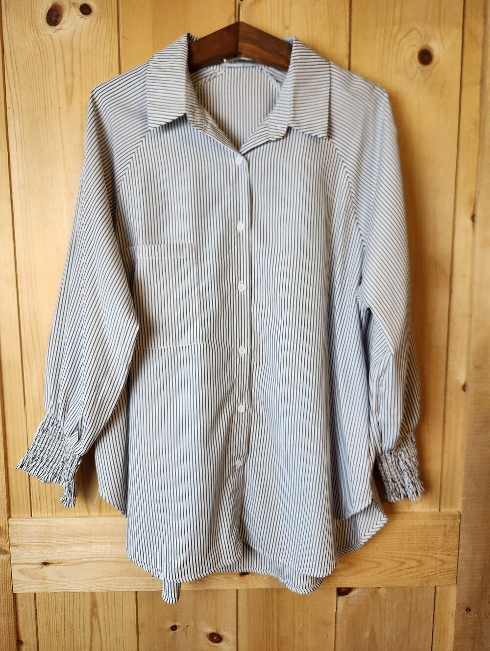 Jules & James Boutique Black/White Striped Single Pocket Button-Up Tunic Top